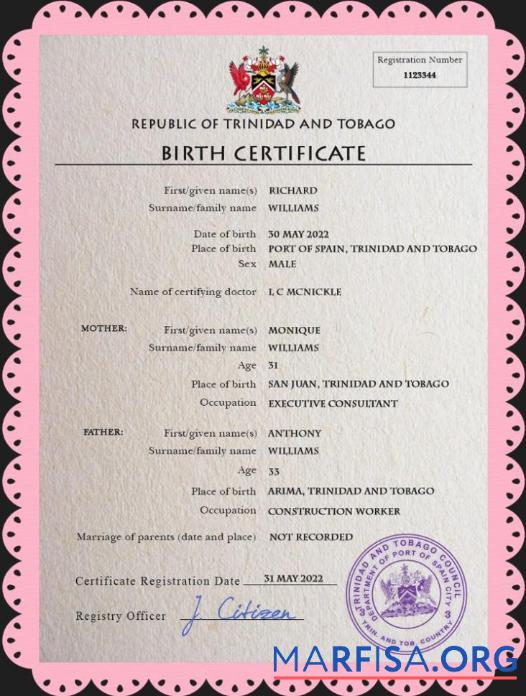 Realistic Trinidad and Tobago vital record birth certificate PSD template
